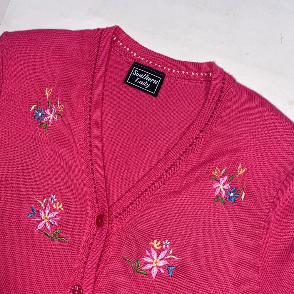 Southern Lady Pink Embroidered Short Sleeve Button V Neck Cardigan Sweater‎ Top